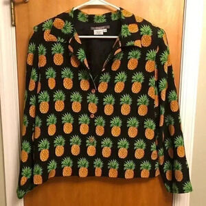 VTG 90s Maggy L Women's Pineapple Print Button‎ Down Long Sleeve Silk Blazer 14P